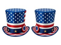 Pair of patriotic tall hats with stars and stripes design, isolated on white background. Perfect for Fourth of July celebrations, political events, costume design, and holiday party decorations.