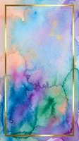 Watercolor abstract background with flowing pastel colors including blue, purple, pink, green, and gold accents. Soft blended pigments create dreamy, artistic texture. Gold frame border isolates design for versatile use on cards, posters, invitations, and digital projects.
