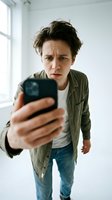 Young Caucasian man with messy hair looking shocked at smartphone screen in bright modern room expressing surprise and disbelief at mobile device content.