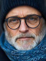 Senior Caucasian man with gray beard wearing glasses and blue knit hat, close-up portrait showing wisdom and experience in cold weather attire.