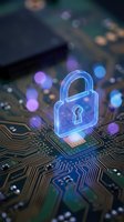 Glowing blue padlock hologram on circuit board representing cybersecurity, data protection and digital privacy technology concepts for business security solutions.