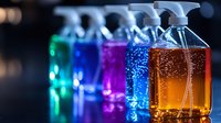 Colorful cleaning supplies in transparent bottles with spray nozzles arranged in row. Vibrant liquid detergents with bokeh background create magical glowing effect.