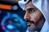 Middle Eastern businessman in traditional white thobe and keffiyeh looking thoughtfully ahead against blurred modern technology background with blue lights.