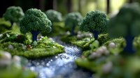 Miniature landscape with flowing stream between moss-covered hills and broccoli trees creating magical forest scenery. Selective focus creates dreamy atmosphere.