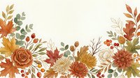 Autumn floral border with roses, chrysanthemums, maple leaves and berries on cream background for seasonal greeting cards and fall decorations.