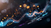 Abstract digital wave visualization with glowing blue and orange light trails against dark background, dynamic motion effect and bokeh particles flowing in space.