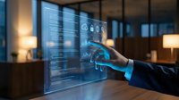 Businessman touching a glowing holographic screen with cloud and security icons in a modern office, representing digital innovation.