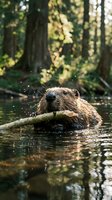 North American beaver gnawing on wooden branch in forest pond with water droplets and natural woodland background for wildlife photography.