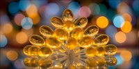 Golden vintage light bulbs arranged in decorative fan pattern with warm bokeh background for festive lighting design and electrical concepts.