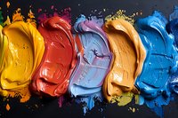 Vibrant paint smears in yellow, red, pink, orange and blue colors with dynamic splashes and texture on black background, arranged in artistic composition.