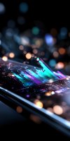 Digital financial graph with glowing neon colors on smartphone screen, blurred bokeh background creates futuristic trading atmosphere.