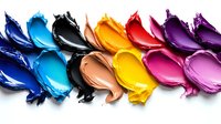Vibrant smeared cosmetic cream samples in rainbow colors from blue to purple on white background, artistic makeup texture swatches for beauty industry.