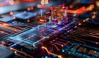 Futuristic circuit board with glowing neon lines and holographic processor architecture visualization in blue and orange colors, representing advanced computing technology.