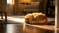 Golden retriever resting on wooden floor in sunlit home interior with furniture and bookshelves visible in background.