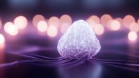 Glowing geometric jellyfish with luminous wireframe structure floating in dark purple water against blurred bokeh lights background creates mystical underwater scene.