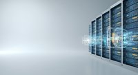 Server racks with digital network overlay representing data center infrastructure, cloud computing, and IT technology solutions for enterprise businesses.