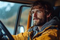 Thoughtful bearded Caucasian man in yellow winter jacket looking through car window on rainy day, atmospheric portrait capturing wanderlust and outdoor lifestyle.
