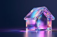 Crystal clear glass house model with holographic iridescent reflections glowing in pink and blue neon lights against dark background, real estate concept.