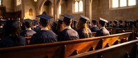 Graduates in caps and gowns sitting in wooden church pews during commencement ceremony in gothic cathedral with stained glass windows.
