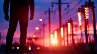 Silhouette of person standing against dramatic purple sunset sky with glowing street lanterns and power lines creating atmospheric urban scene.