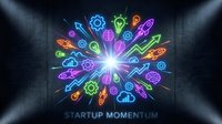 Neon startup icons and growth arrows radiating from central light burst on dark background, representing business innovation, entrepreneurship, and digital transformation momentum.