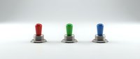 Three illuminated push buttons in red, green, and blue colors mounted on metallic bases against a white background, suitable for control panels, user interfaces, and industrial design projects.