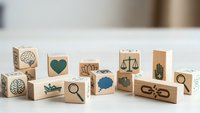 Wooden blocks with various symbols including brain, heart, crown, scales, cactus and magnifying glass arranged on white surface for business concepts.