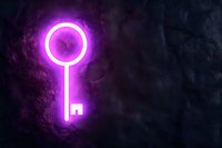 Glowing neon purple key symbol on dark textured wall background with mystical fog effect creates atmospheric mood for security and access concepts.