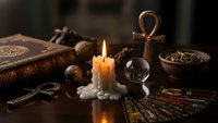 Mystical fortune telling setup with burning candle, tarot cards, crystal ball and ancient symbols on wooden table for spiritual guidance and divination practices.