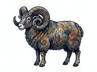 Ornamental ram with curved horns and decorative patterned coat isolated on white background, suitable for clipart, t-shirt design and branding.