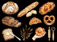 Assorted fresh baked bread, pastries, and baking tools isolated on transparent background. Ready for bakery designs, t-shirt prints, clipart, stickers, and print-on-demand products.