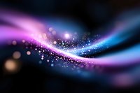 Abstract glowing wave with sparkling particles in pink and blue colors against dark background creates magical flowing light effect.