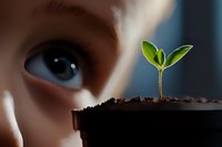 Young green seedling growing in soil pot with blurred eye watching in background, representing growth, curiosity and environmental awareness.