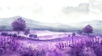 Dreamy purple watercolor landscape with lavender field, rolling hills and distant mountains, perfect for romantic wall art, greeting cards and nature-inspired designs.