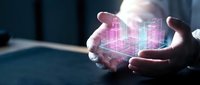 Young professional male with light skin tone holding glowing digital holographic cube displaying data network visualization, representing technology innovation and business solutions.
