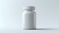 White plastic medicine bottle with cap on light background, isolated pharmaceutical container mockup for supplement or vitamin packaging design.