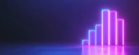 Glowing neon bar graph chart showing upward trend against dark background with purple and blue gradient lighting effects, modern business analytics concept.