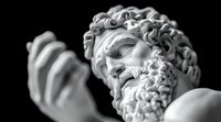 Dramatic close-up of classical marble sculpture showing bearded man's face with intense expression and curly hair details in black and white monochrome lighting.