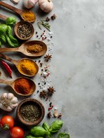 Aromatic spices and herbs in wooden spoons with fresh garlic, basil, and tomatoes on concrete background with copy space for culinary recipes.