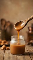 Golden caramel sauce dripping from wooden spoon into glass jar on rustic kitchen table with warm lighting for culinary and dessert recipes.