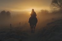 Silhouette of horseback rider on misty country path at golden sunrise creating atmospheric mood for outdoor adventure and equestrian lifestyle concepts.