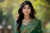 Young Asian woman in emerald green and gold traditional sari smiling at camera. Long dark wavy hair and natural makeup against soft bokeh background.