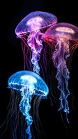 Luminous jellyfish floating in dark water with vibrant purple pink and blue bioluminescent glow creating ethereal underwater marine scene.