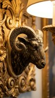 Ornate golden ram head sculpture with detailed horns mounted on decorative baroque architectural element, ideal for luxury interior design and classical decor projects.