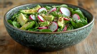 Fresh spinach salad with sliced avocado, radish, and seeds in rustic ceramic bowl on wooden table, healthy plant-based meal for clean eating.
