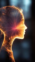 Glowing silhouette of a profile with luminous orange and red energy lines forming a human head shape against dark blue background.