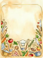 Watercolor cooking frame with kitchen utensils, vegetables, and chef hat on aged paper background with copy space for menu or recipe.
