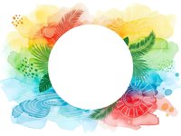 Tropical watercolor frame with palm leaves and abstract shapes in rainbow colors. White circle space for text or logo. Summer vacation design element.