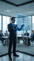 Business executive presenting data analytics on holographic display in modern conference room with team members watching professional meeting.