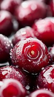 Fresh ripe cherries with water drops in macro shot, showing detailed texture of wet red fruit surface against dark background with soft bokeh effect.